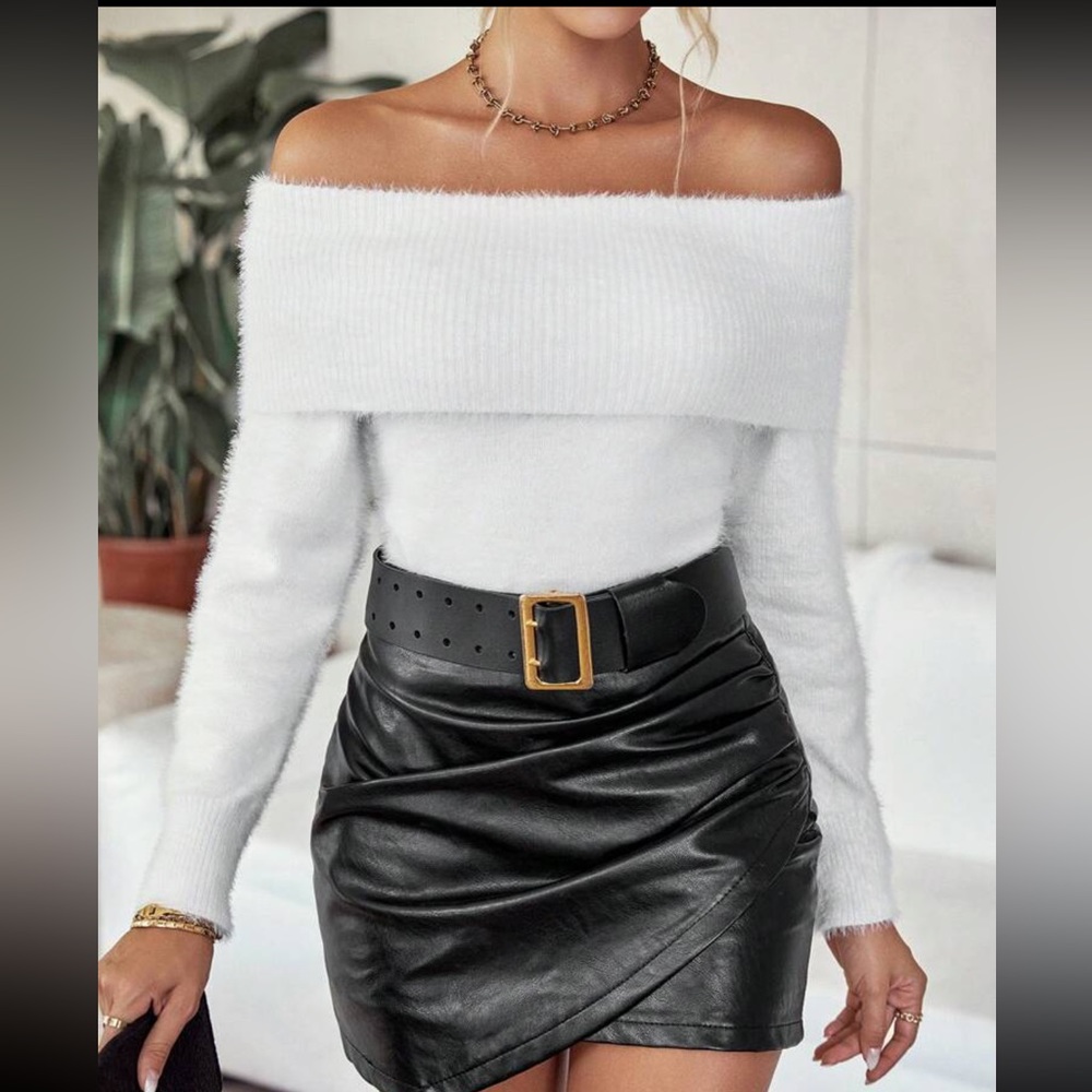 white flap Foldover detail Off Shoulder Fuzzy Sweater - Picture 1 of 6